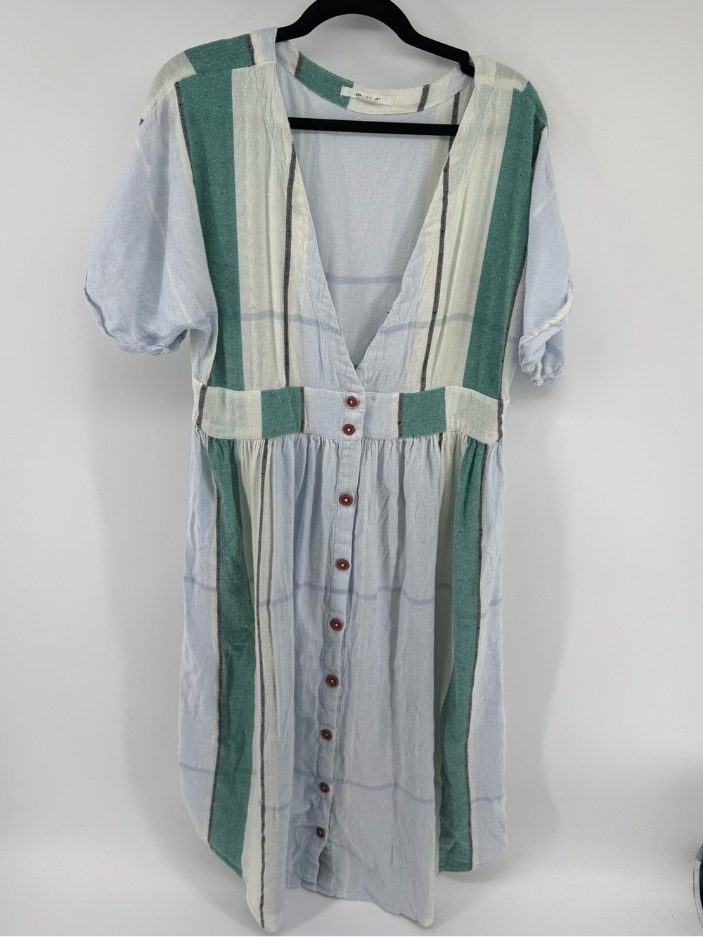 Striped Light Blue and Green Button-Front Midi Dress